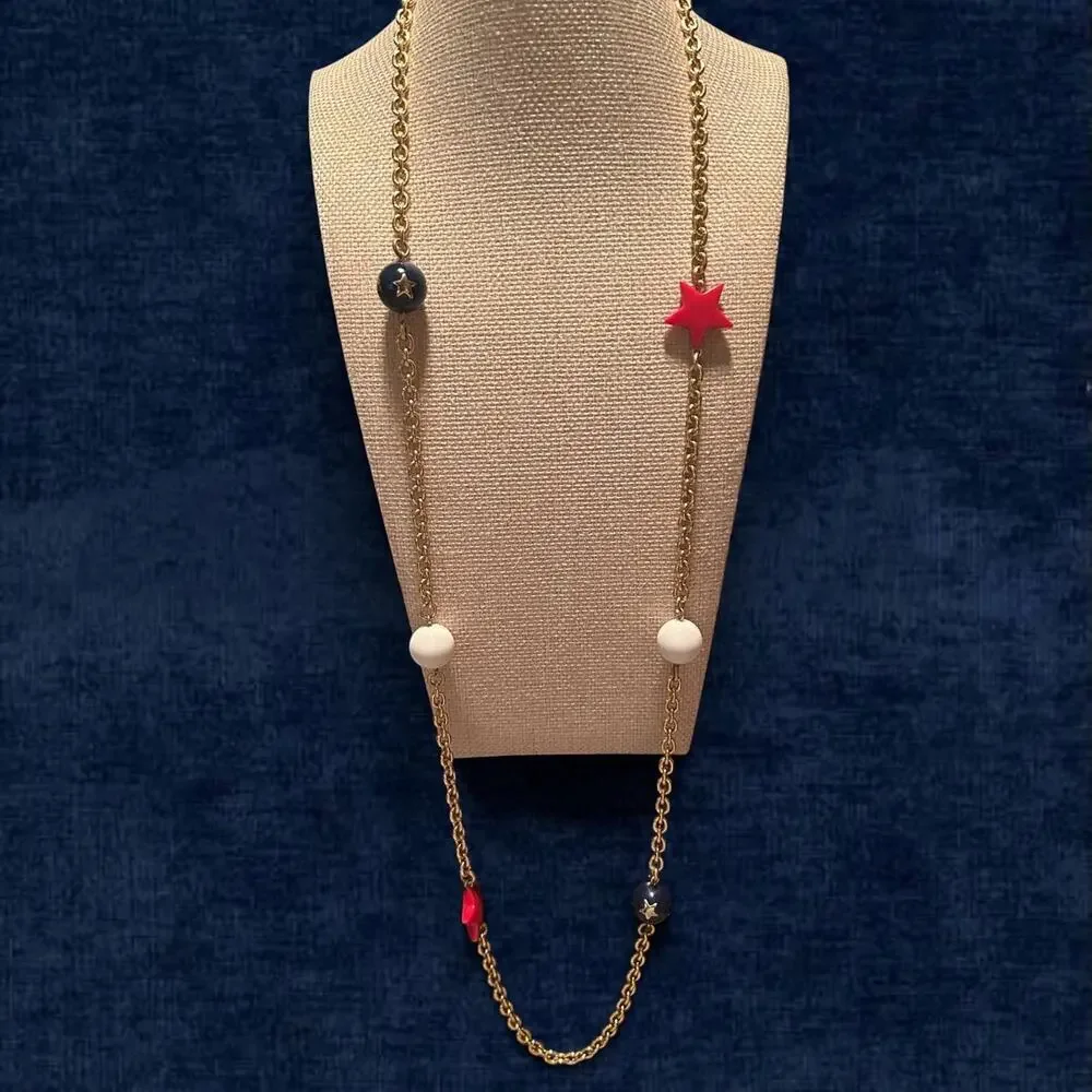 1970s Americana Star Red White Blue Statement Necklace 34” Patriotic Chain
